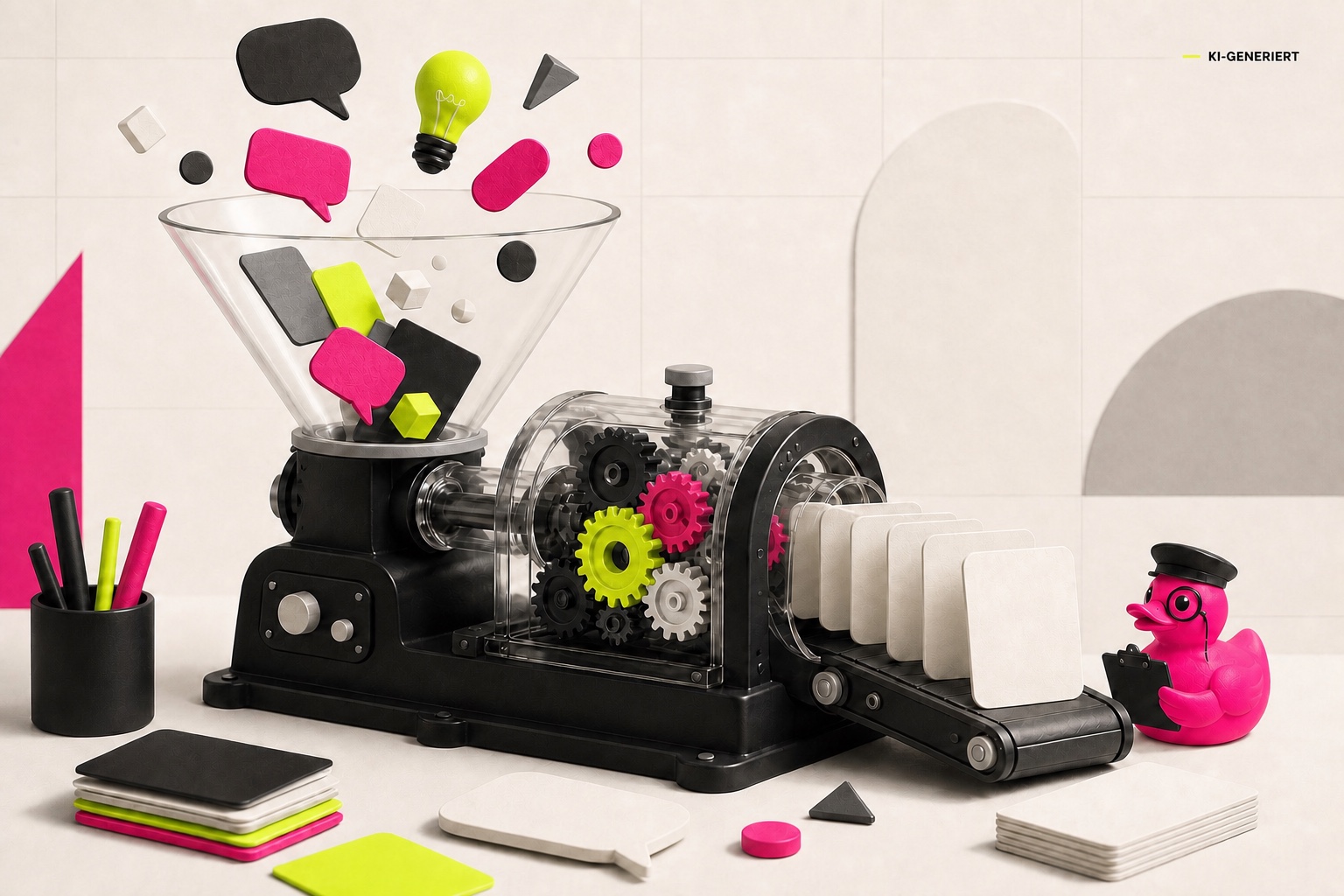 Illustration einer Content-Marketing-Maschine, die Ideen in strukturierte Inhalte verwandelt, mit pinker Gummiente.
